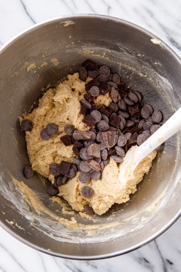 Bowl of Amaretto Chocolate Chip Cookie dough before mixing in the multiple kinds of chocolate.