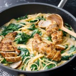 Large nonstick skillet with Creamy Chicken Florentine Pasta and wooden spoon.