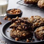 Chocolate cookies topped with puffed quinoa, on a plate with a glass of milk