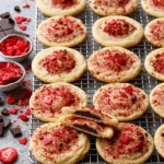 Chocolate Stuffed Strawberry Sugar Cookies on a wire rack, raw chocolate and freeze dried strawberries scattered on the side