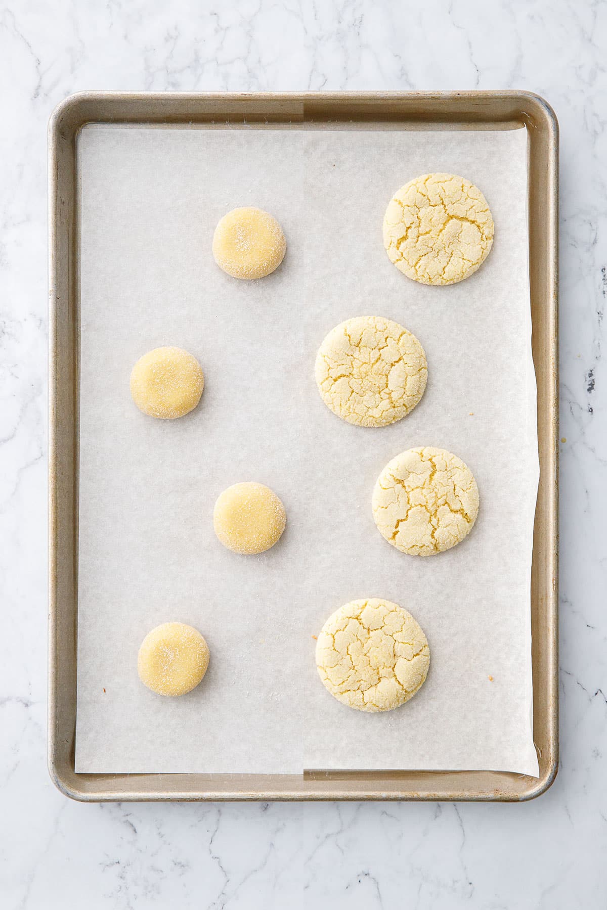 Split screen showing Lemon Olive Oil Sugar Cookies before and after baking.