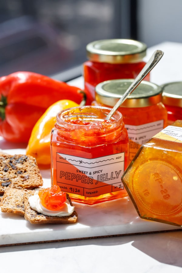 Jars of pepper jelly, showcasing the free printable label