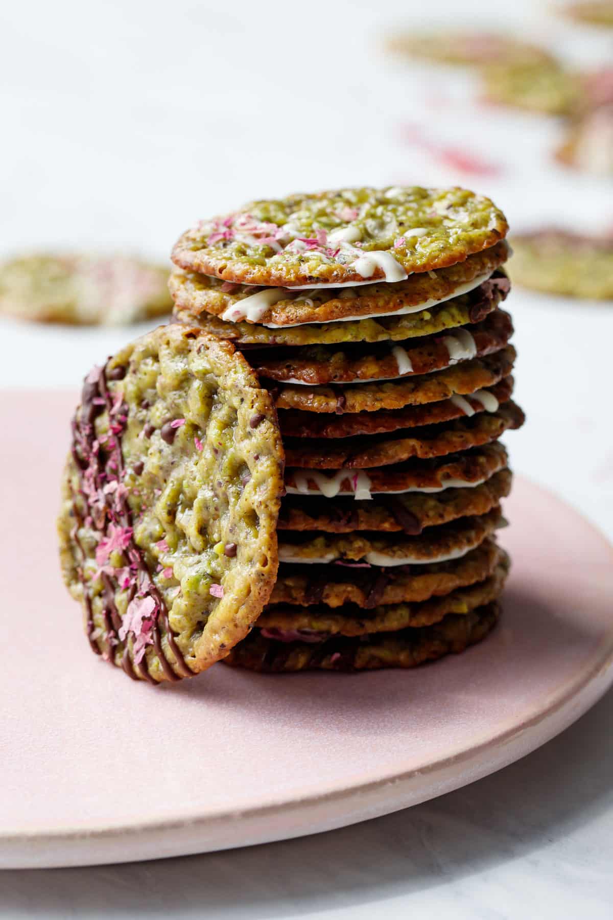 Tall stack of Pistachio Florentine Cookies on a pink plate, one cookie leaning up against the side to show the chocolate drizzle and rose petals on top.
