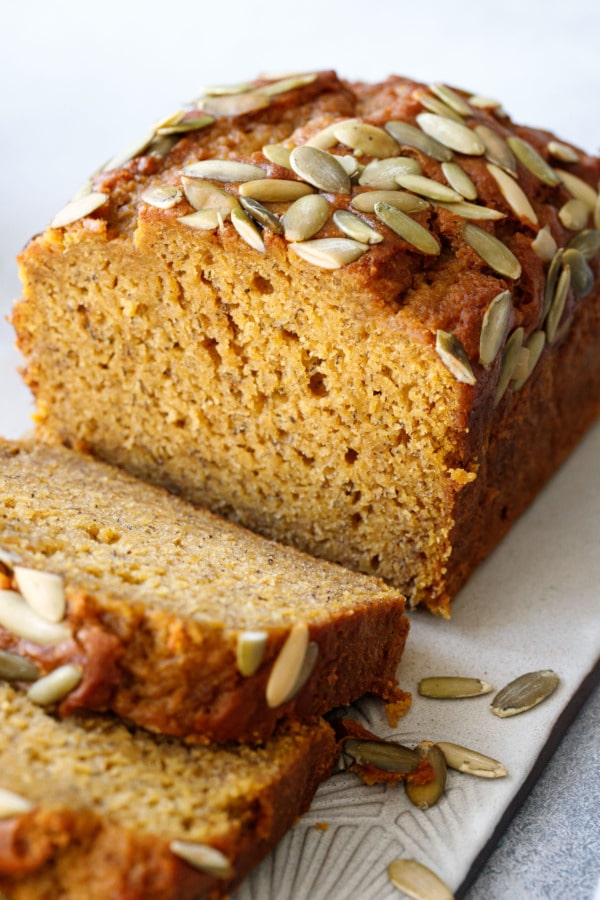 Closeup showing the moist texture and crumb of Spiced Pumpkin Banana Bread.