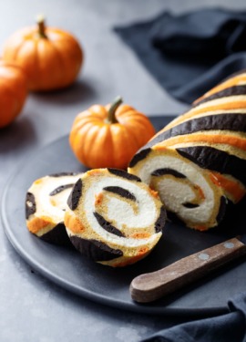 Striped Pumpkin Cake Roll with Mascarpone Whipped Cream