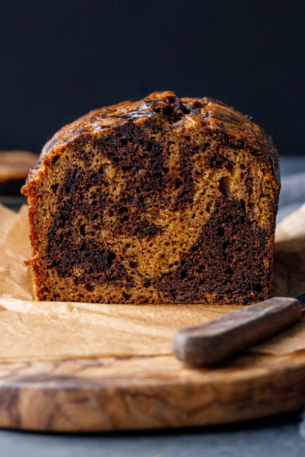 Closeup of a sliced cross-section to show the texture of this Pumpkin Chocolate Swirl Bread