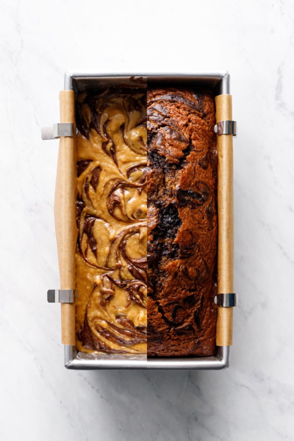 Split screen showing chocolate pumpkin swirl bread Before and After baking.