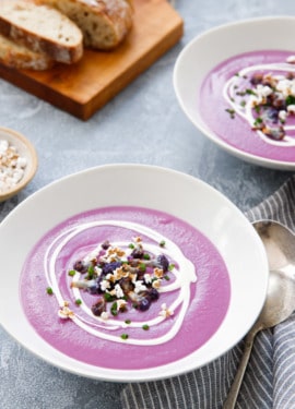 This naturally purple soup recipe is made from purple Cauliflower and purple sweet potatoes