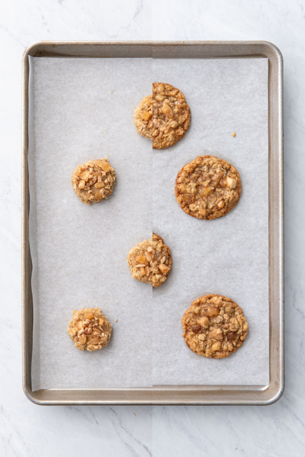 Split screen showing caramel apple cookies before and after baking.